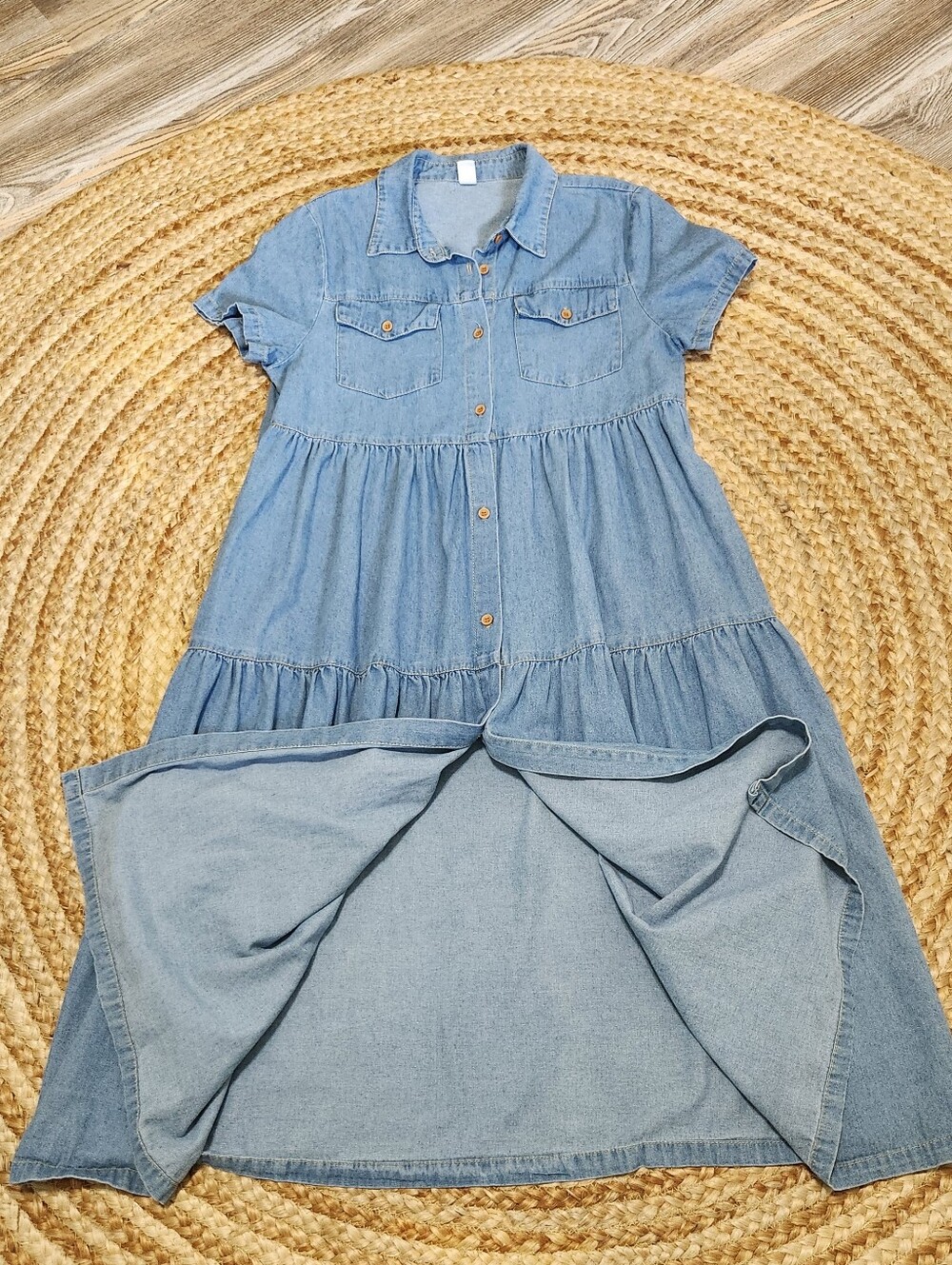 Cy Chambray Ruffle Tiered Midi Dress Women M Cottage Boho Lagenlook Short Sleeve - Picture 4 of 12
